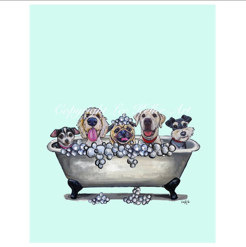 Dog Bathroom Art Dog in Tub Art Dog Animals in Bathtubs Art Etsy