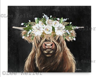 Highland Cow with Flowers Art Print from Original Highland Cow Painting, Boho Highland Cow Black Background
