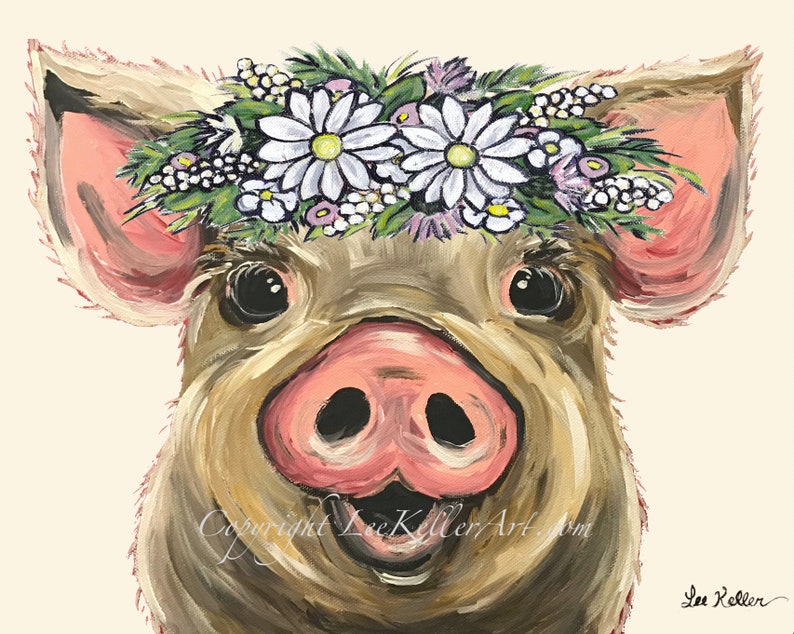 Pig Art Pig Decor. Cute Pig With Flowers Print. Farmhouse Pig Etsy
