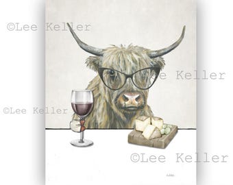 Highland Cow Kitchen Art - Highland Cow With Wine Art - Farm Animal Kitchen Art - Highland Cow Kitchen Decor - Whimsical Kitchen Art