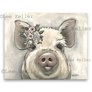 Pig with Boho Flowers art, Farmhouse decor. Pig print from original Pig on canvas painting. Cute Pig with Pastel flowers canvas art