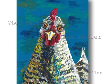 Colorful Chicken art print from original canvas chicken painting.  Farmhouse chicken art, Funny Chicken art,  chicken print, cute hen art