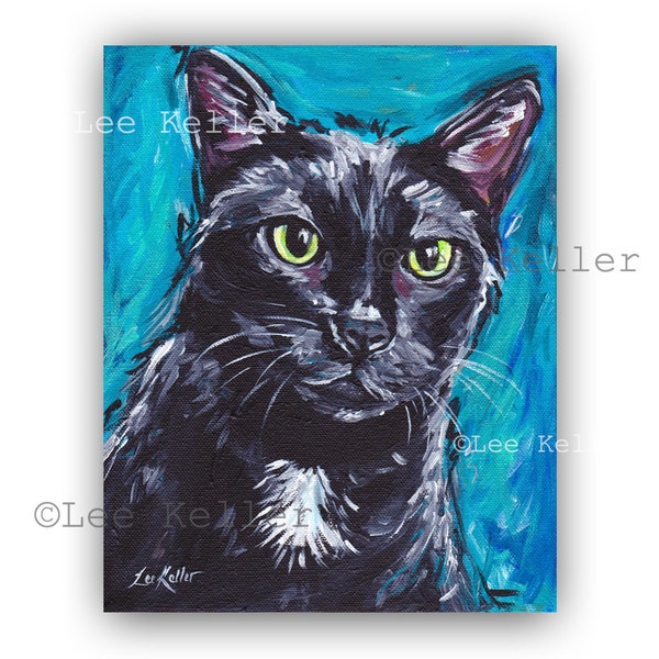 Colorful Black Cat Art Print, Black Cat on Canvas, Black and White Cat Art Print