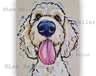 May include: A painting of a white dog with brown eyes and a pink tongue sticking out. The dog's nose is blue and the background is a light beige color.