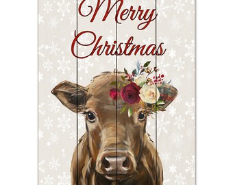 Holiday Cow Wood Wall Decor, Christmas Cow Pallet Art,  Holiday Cow on Wood Art, Farmhouse Cow Pallet Sign