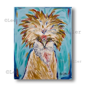 May include: A painting of a chicken with a large, fluffy, white crest. The chicken has yellow eyes and a red beak. The background is a light blue color with hints of green and turquoise.