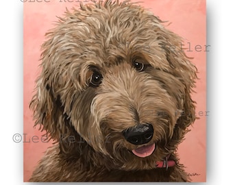 May include: A painting of a brown and white dog with a pink tongue sticking out. The dog is looking directly at the viewer. The background is a light pink color.