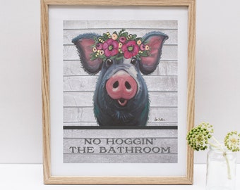 Pig art, pig decor. Hoggin' the Bathroom Pig Sign, Farmhouse pig art
