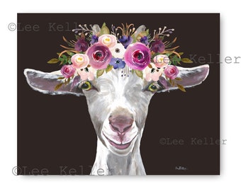 Goat art, Goat decor. cute goat with flowers art print. Farmhouse goat art, goat with Flower Crown art,  goat canvas print or fine art print