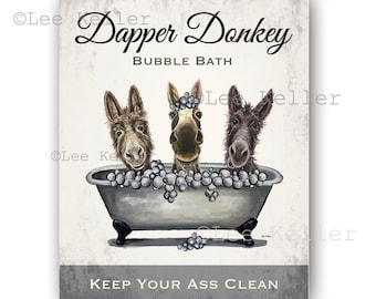 Donkey Bathroom Art Print - Farmhouse Donkey in Tub Art Print on Canvas or paper - Donkey Bathroom Decor - Donkey Bathtub Art