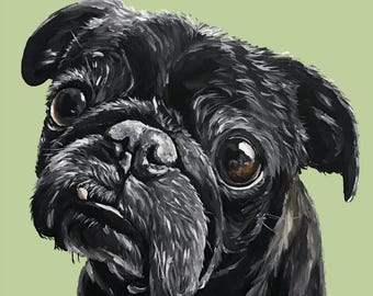 Black Pug print,  Colorful Pug art print, Pug With Flower Crown Canvas or Fine Art Print, Black pug art