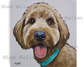 May include: A painting of a brown and white dog with a turquoise collar. The dog has its tongue sticking out and is looking directly at the viewer.
