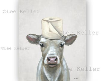 May include: A whimsical painting of a cow wearing a roll of toilet paper as a hat. The cow is painted in shades of gray and white, with a pink nose and large, expressive eyes. The background is a soft, neutral color.