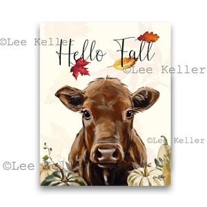 Fall Cow Art, Hello Fall Cow Decor, Farmhouse cow art, Cow on canvas art, Fine art or canvas cow print