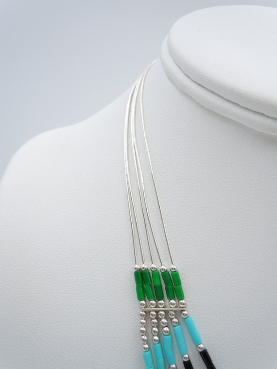 Five Strand Liquid Silver Necklace, Inlaid Stones… - image 4