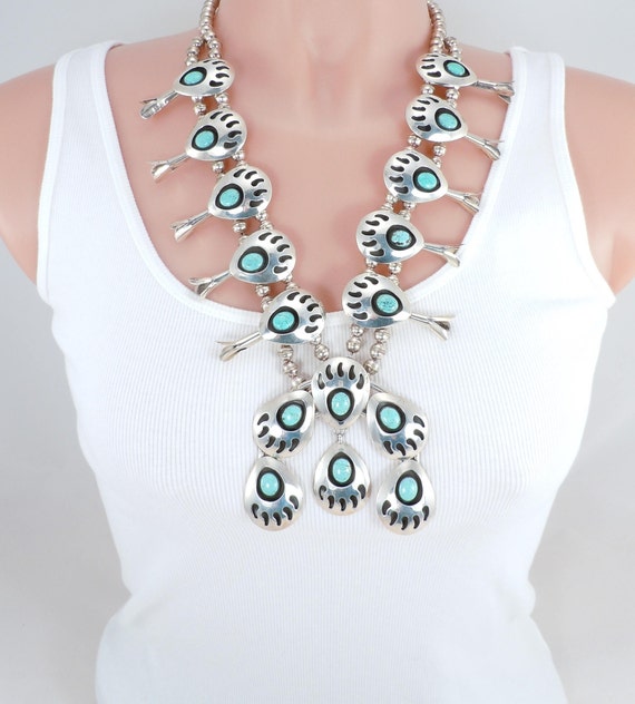 Turquoise Paw Heavy Vintage Native American Navajo Sterling Silver Squash Blossom Necklace Turquoise Paw Heavy Vintage Native American Navajo Sterling Silver Squash Blossom Necklace