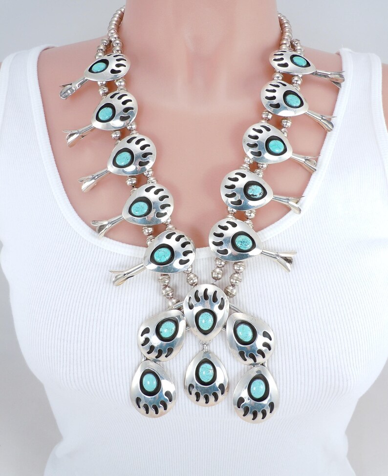 Vintage Squash Blossom Necklace Bear Paw Necklaceturquoise Etsy
