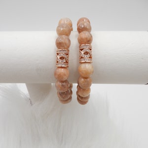 Peach Moonstone Bracelet: Rose Gold CZ Crystal Bead, 7.5 Inch
