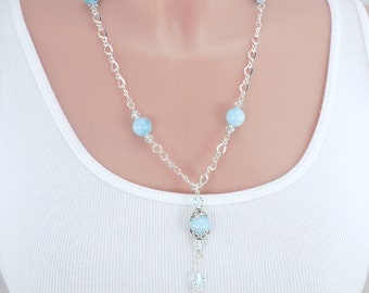 Aquamarine "Y" Necklace: Sterling Silver, Swarovski Crystals, March Birthstone