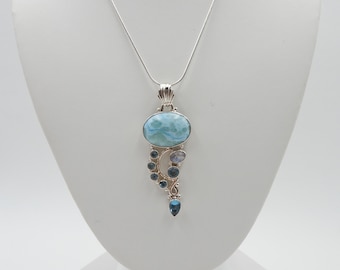 Larimar, Blue Topaz & Opal Sterling Silver Pendant Necklace - 16 Inch