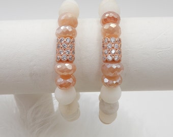 Moonstone Stretch Bracelet, Peach Moonstone, Matte White Moonstone, Rose Gold CZ Micro Pave Crystal Bead, 7.5 Inches