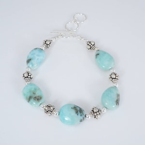 Larimar Bead Bracelet: Sterling Silver Bali Beads, Adjustable Toggle