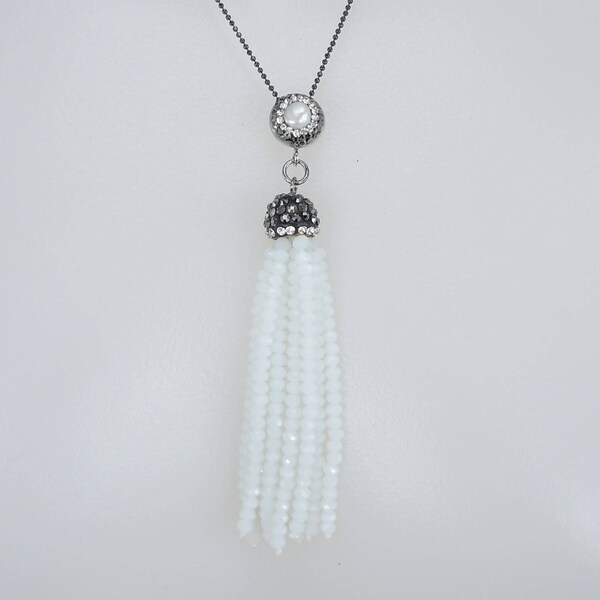 White Tassel Bead Necklace, Pendant Necklace, Pave Crystal Tassel Necklace, Black Sterling Chain, Pave & Mother of Pearl Bail, Stamped 925