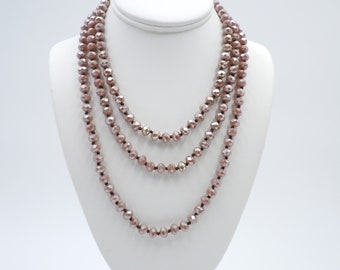 Long Taupe Crystal Bead Necklace, Long Necklace, Faceted Crystals, 7mm Crystals, Knotted Beads, Silver Tone Clip, 60 Inches