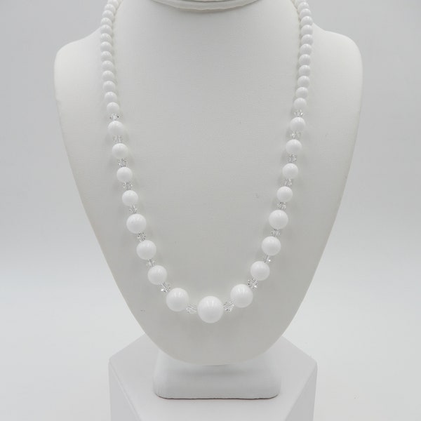 Jade Necklace, White Jade, Bead Necklace, White Jade Necklace, Graduated Beads, Swarovski Crystals, Magnetic Clasp, 23 Inch