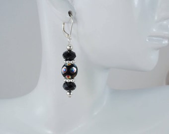 Black Crystal Drop Earrings, Czech Glass Beads, Black Crystal Beads, Dangle Earrings, Sterling Silver Lever Back hooks