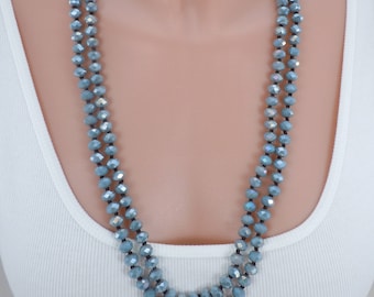 Gray Crystal Bead Necklace: 60 Inch Knotted Faceted Crystals