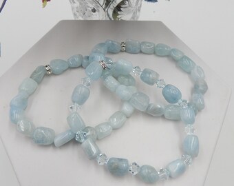 Aquamarine Bead Bracelets, Set of Three, Aquamarine Nugget Beads, Stretch Bracelets, Swarovski Crystals, March Birthstone, 7.5 Inches