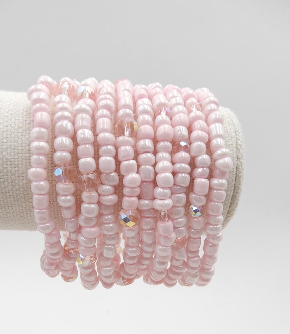 Pink Seed Bead Stretch Bracelet Stack, 10 Bracelets, Pink