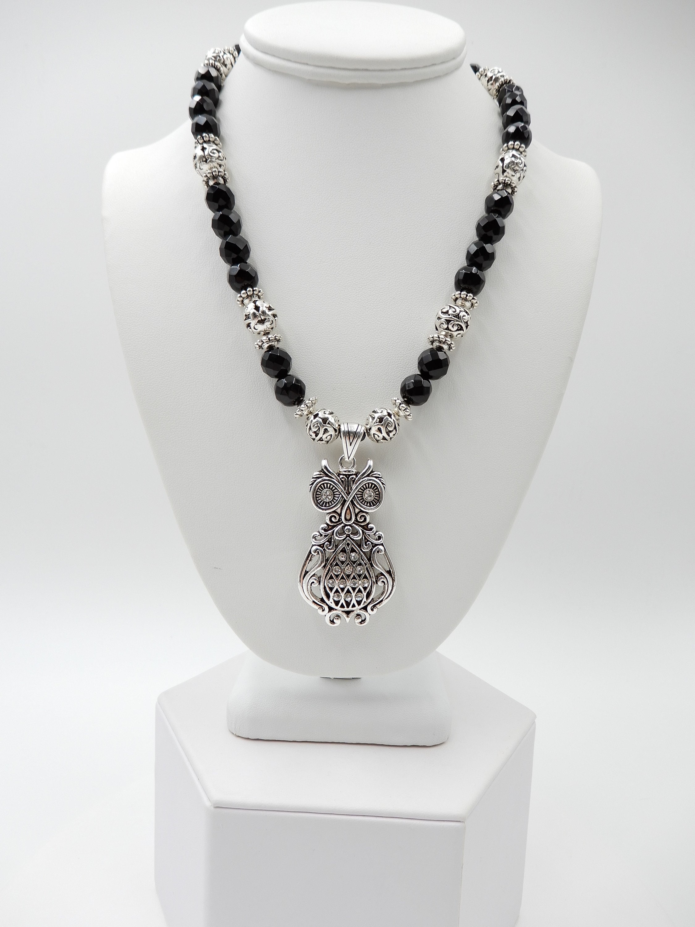 Ornate Silver Owl Pendant Necklace: Black Onyx Beads, 19 Inches