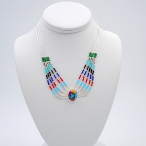 Five Strand Liquid Silver Necklace, Inlaid Stones, Turquoise, Coral, Jet, Aventurine, Sterling Silver, Bead Necklace, Stamped 925, 16 Inch