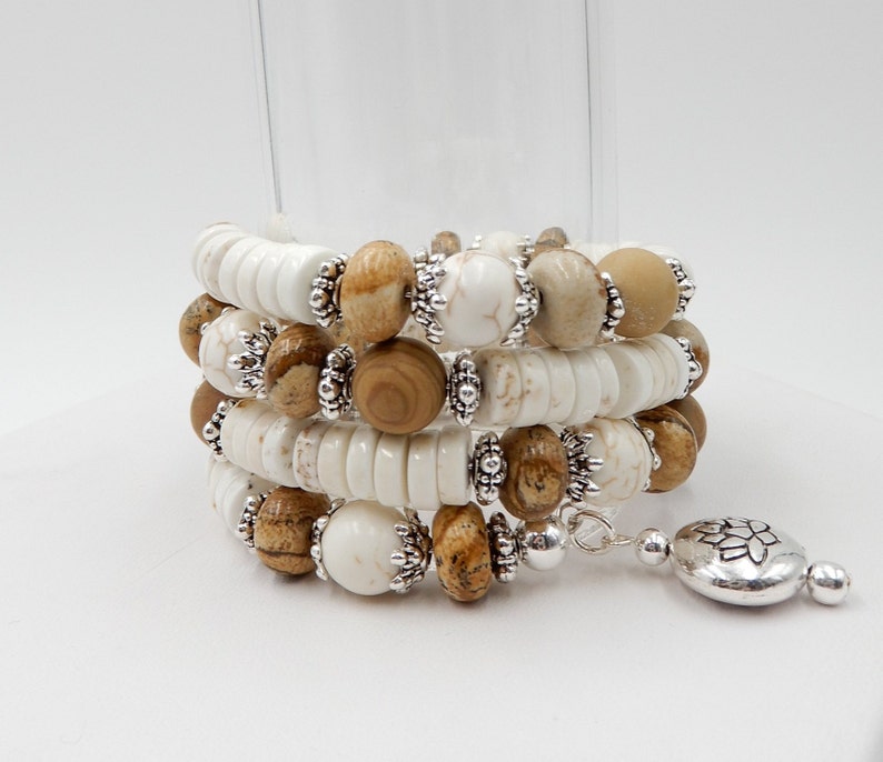 Wood Grain Beads Heishi Beads Magnesite and Jasper Cuff Memory Wire Bracelet Jasper Beads Wrap Bracelet One Size Fits All Three Row