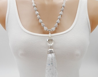 White Tassel Necklace: Crystal Heart, Sequin Fringe, Long Beaded Necklace