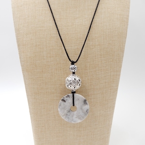Map Jasper Donut Pendant Necklace: Bohemian Silver Bead, Adjustable