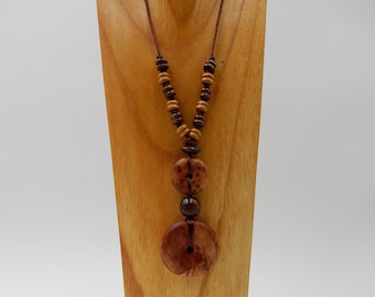 Boho Wooden Donut Pendant Necklace: Adjustable Long Bead Necklace