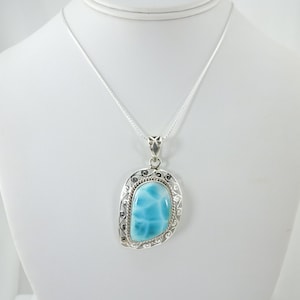 Genuine Larimar Pendant Necklace: Ornate Sterling Silver Setting, 18&quot; Chain