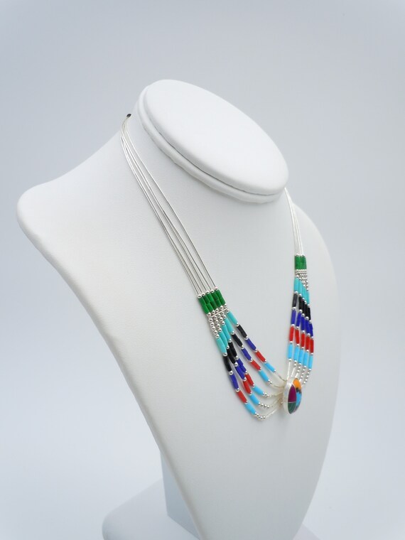 Five Strand Liquid Silver Necklace, Inlaid Stones… - image 5