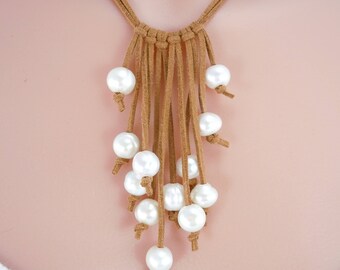 Fresh Water Pearl Necklace, Faux Micro Fiber Leather, Tassel