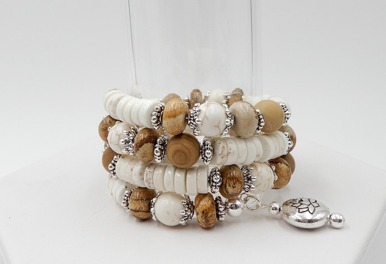 Wood Grain Beads Heishi Beads Magnesite and Jasper Cuff Memory Wire Bracelet Jasper Beads Wrap Bracelet One Size Fits All Three Row