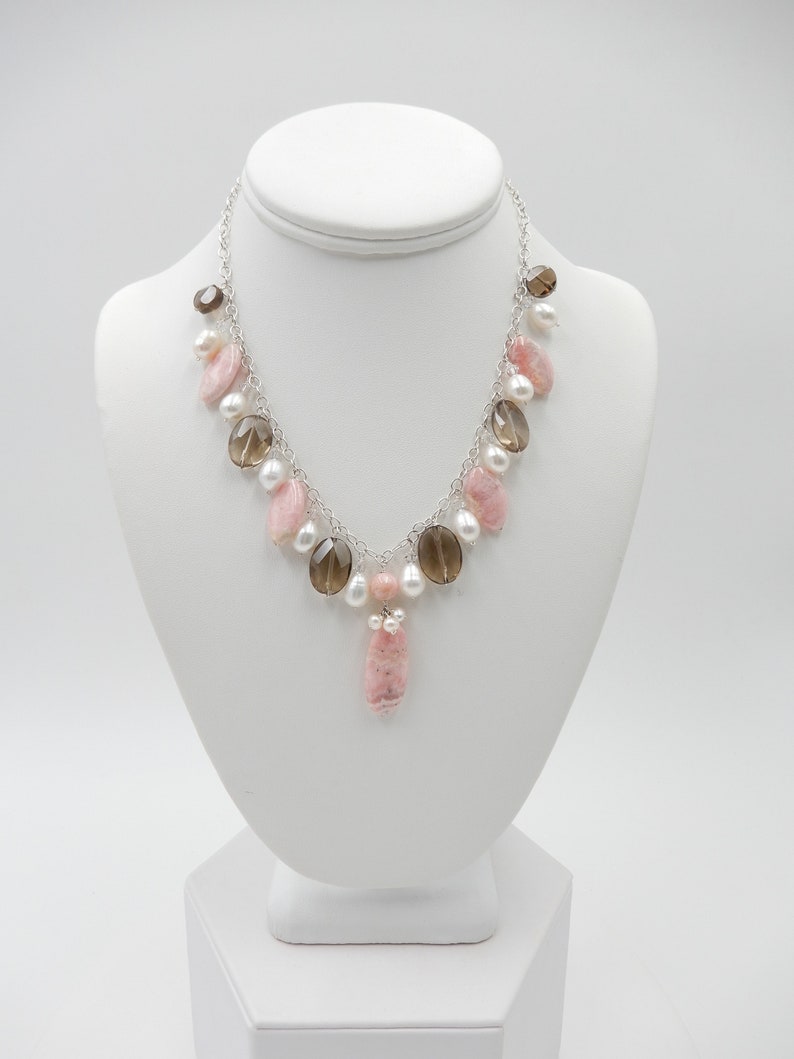 Lobster Clasp Smoky Quartz 2 Extender 17 Inches Rhodochrosite Charm Necklace Rhodochrosite Crystals Freshwater Pearls