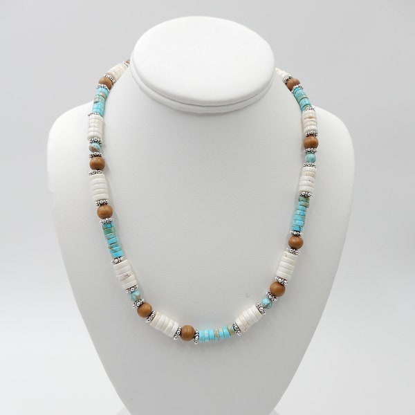 Turquoise Jasper and Magnesite Bead Necklace, Heishi Beads, Wooden Beads, Silver Spacers, Sterling Silver Adjustable Toggle Clasp, 21 Inches