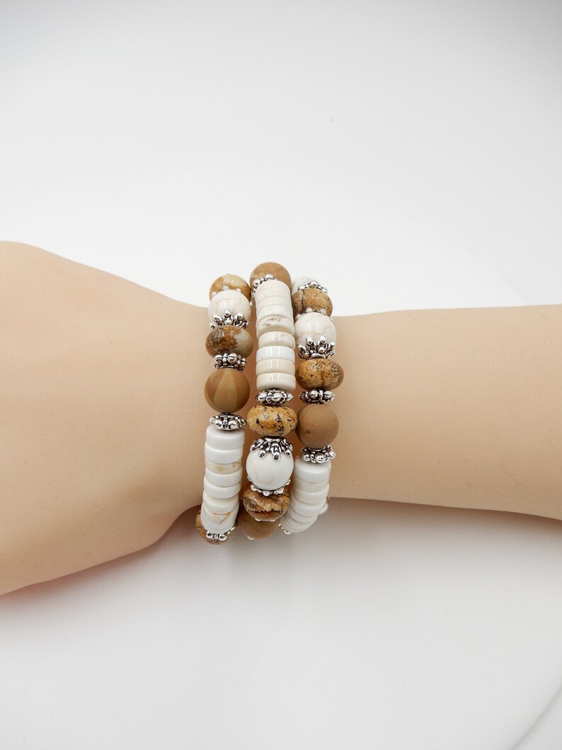Wood Grain Beads Heishi Beads Magnesite and Jasper Cuff Memory Wire Bracelet Jasper Beads Wrap Bracelet One Size Fits All Three Row