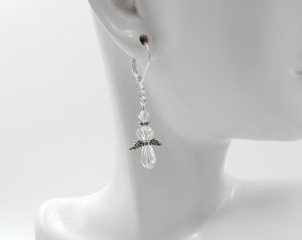 Crystal Angel Earrings: Sterling Silver Lever Backs, Silver Tone Wings