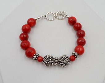 Red Coral Sterling Silver Bead Bracelet: Ornate Toggle Clasp (7.5 Inch)