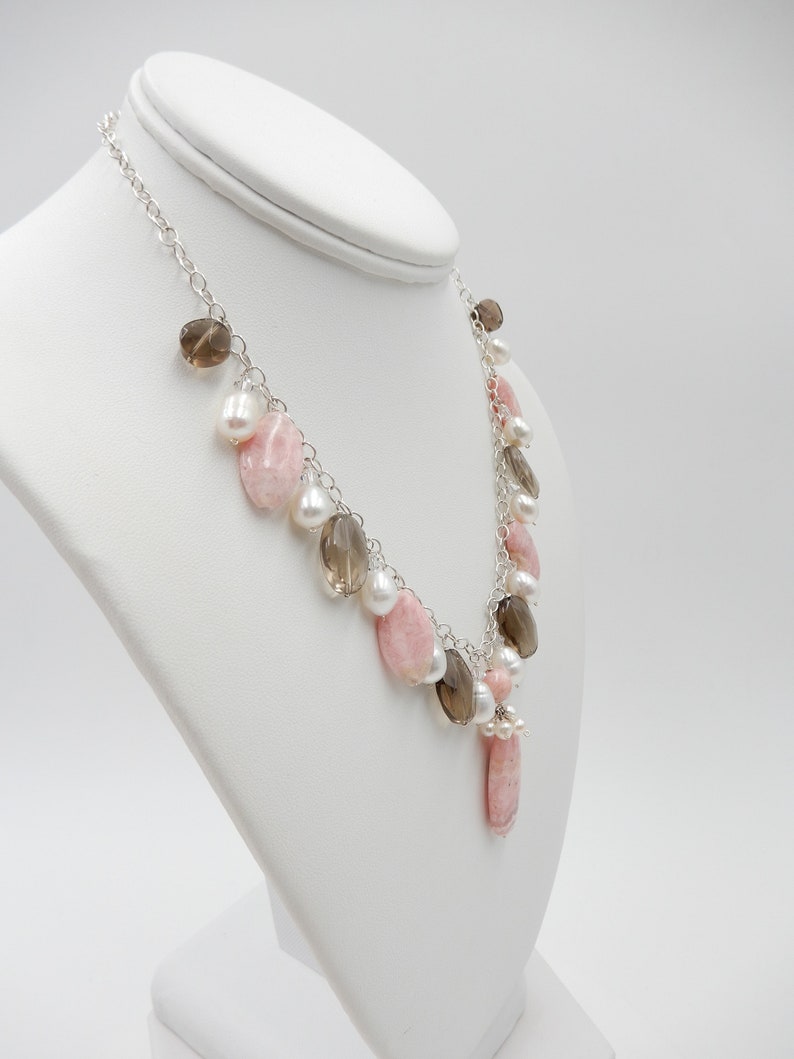 Lobster Clasp Smoky Quartz 2 Extender 17 Inches Rhodochrosite Charm Necklace Rhodochrosite Crystals Freshwater Pearls