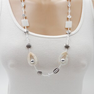 Mother of Pearl Charm Necklace, Shell Necklace, Long Necklace, Silver Charms, Seed Beads, Silver Tone Lobster Clasp, 2&quot; Extender Chain